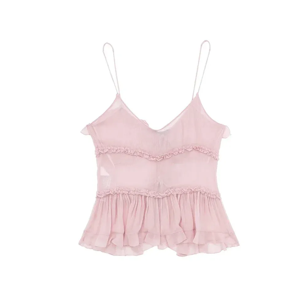 Obsidian Phoenix Ruffled Front Tie Tank Top - Semi-Sheer, Backless with Thin Straps, Sexy Women’s Camisole