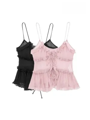 Obsidian Phoenix Ruffled Front Tie Tank Top - Semi-Sheer, Backless with Thin Straps, Sexy Women’s Camisole