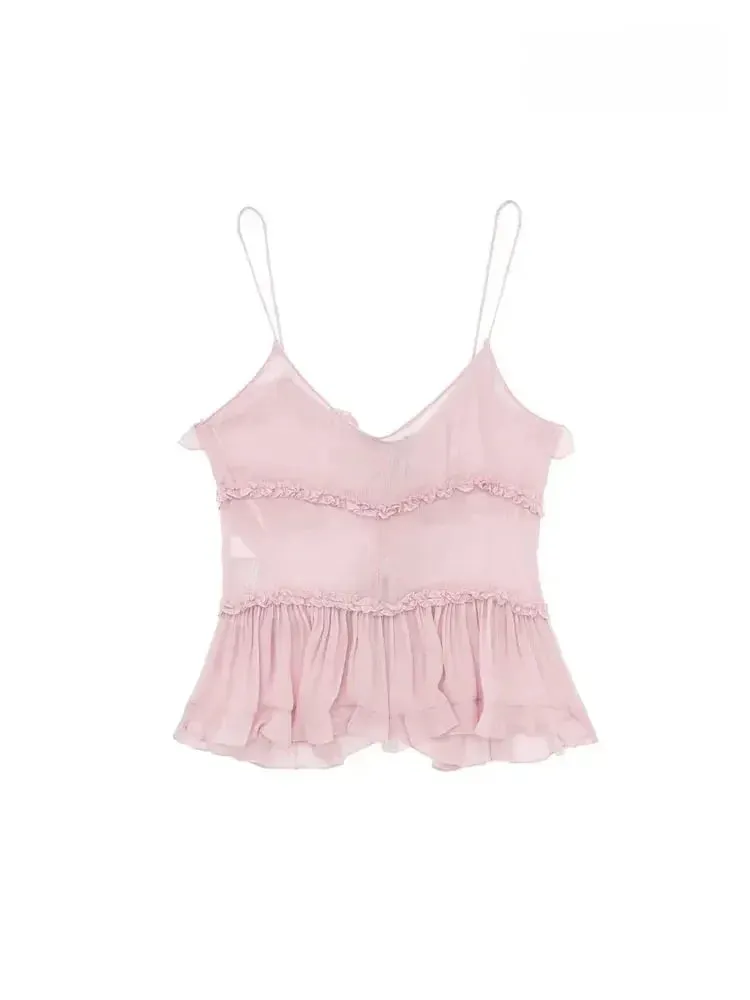 Obsidian Phoenix Ruffled Front Tie Tank Top - Semi-Sheer, Backless with Thin Straps, Sexy Women’s Camisole