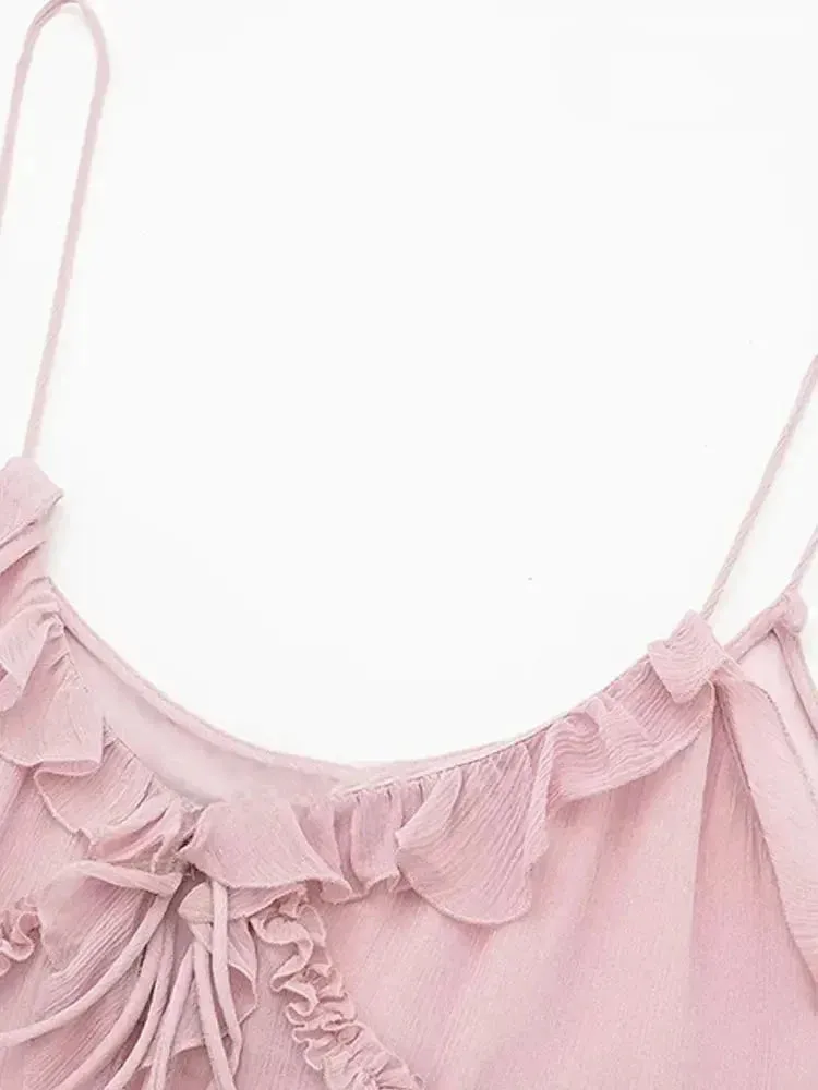 Obsidian Phoenix Ruffled Front Tie Tank Top - Semi-Sheer, Backless with Thin Straps, Sexy Women’s Camisole