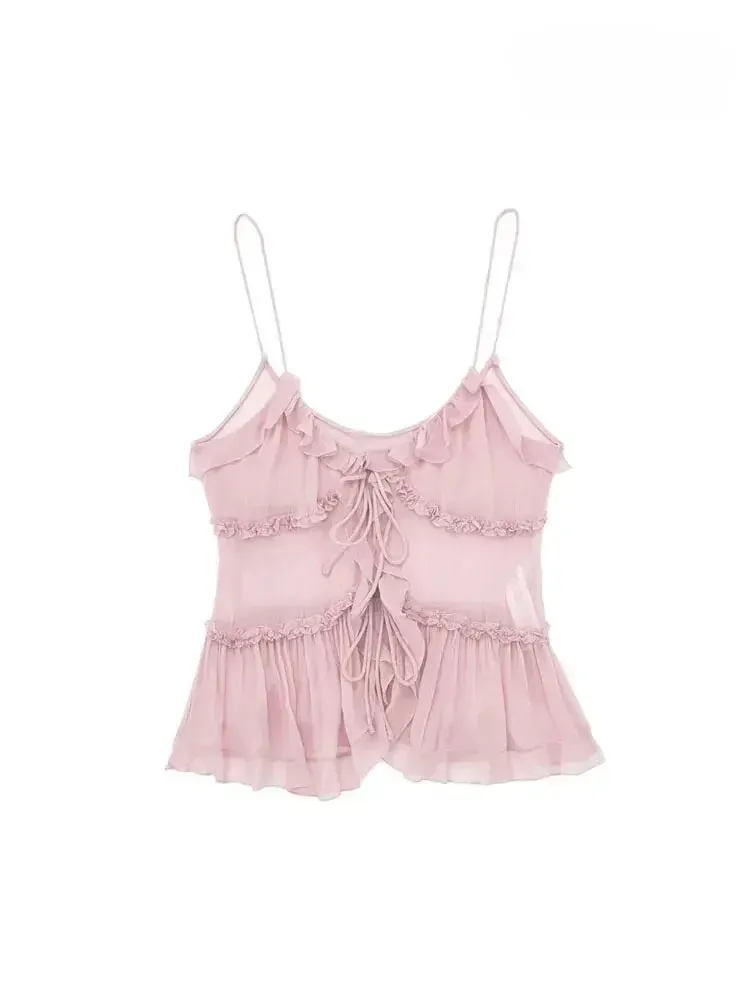 Obsidian Phoenix Ruffled Front Tie Tank Top - Semi-Sheer, Backless with Thin Straps, Sexy Women’s Camisole