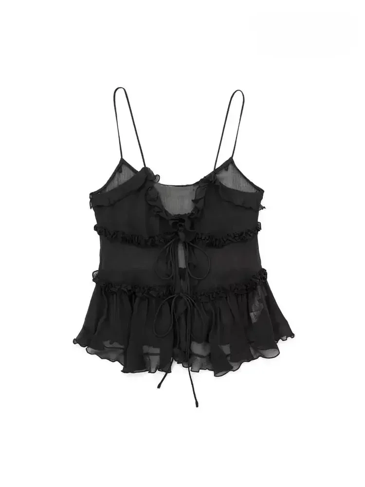 Obsidian Phoenix Ruffled Front Tie Tank Top - Semi-Sheer, Backless with Thin Straps, Sexy Women’s Camisole
