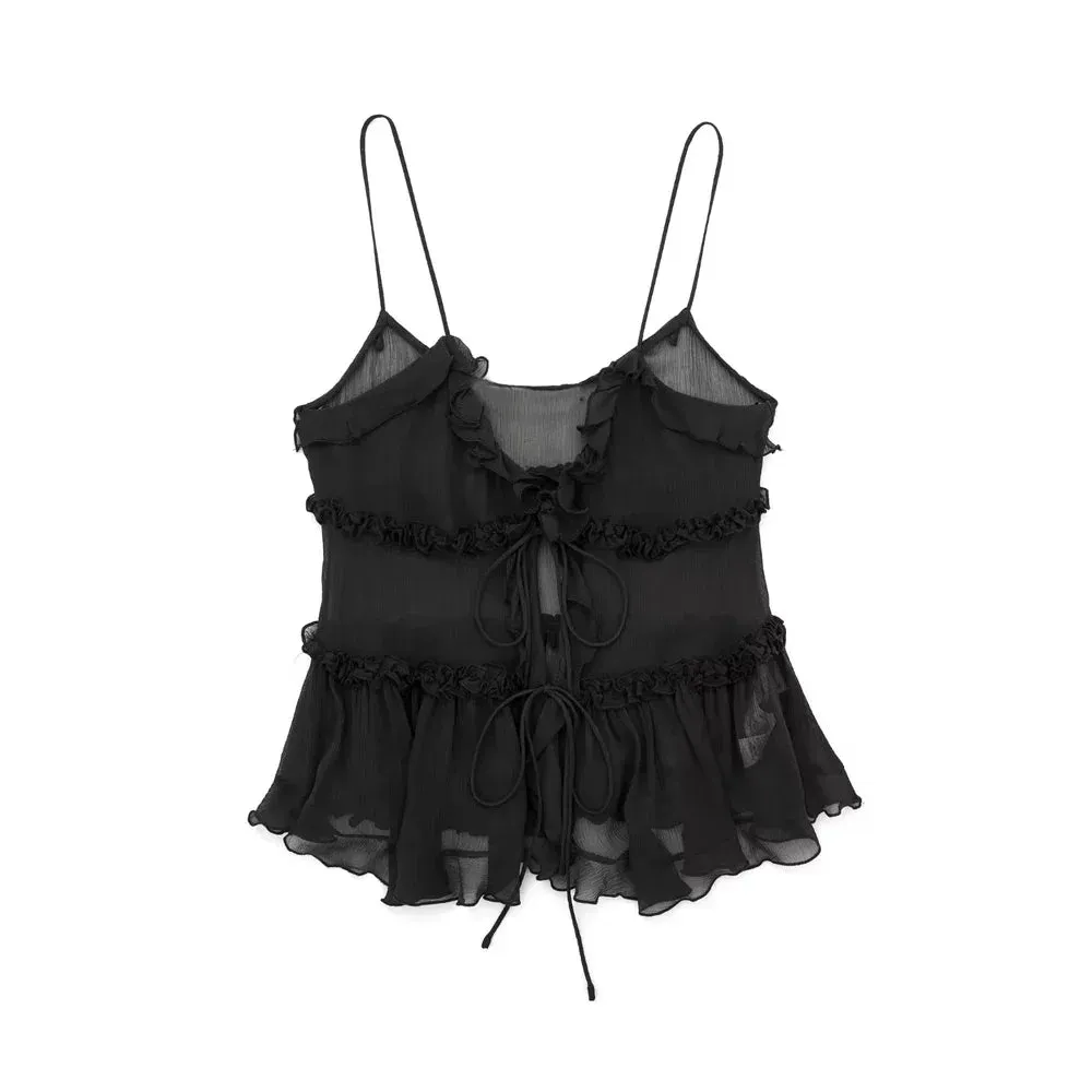 Obsidian Phoenix Ruffled Front Tie Tank Top - Semi-Sheer, Backless with Thin Straps, Sexy Women’s Camisole