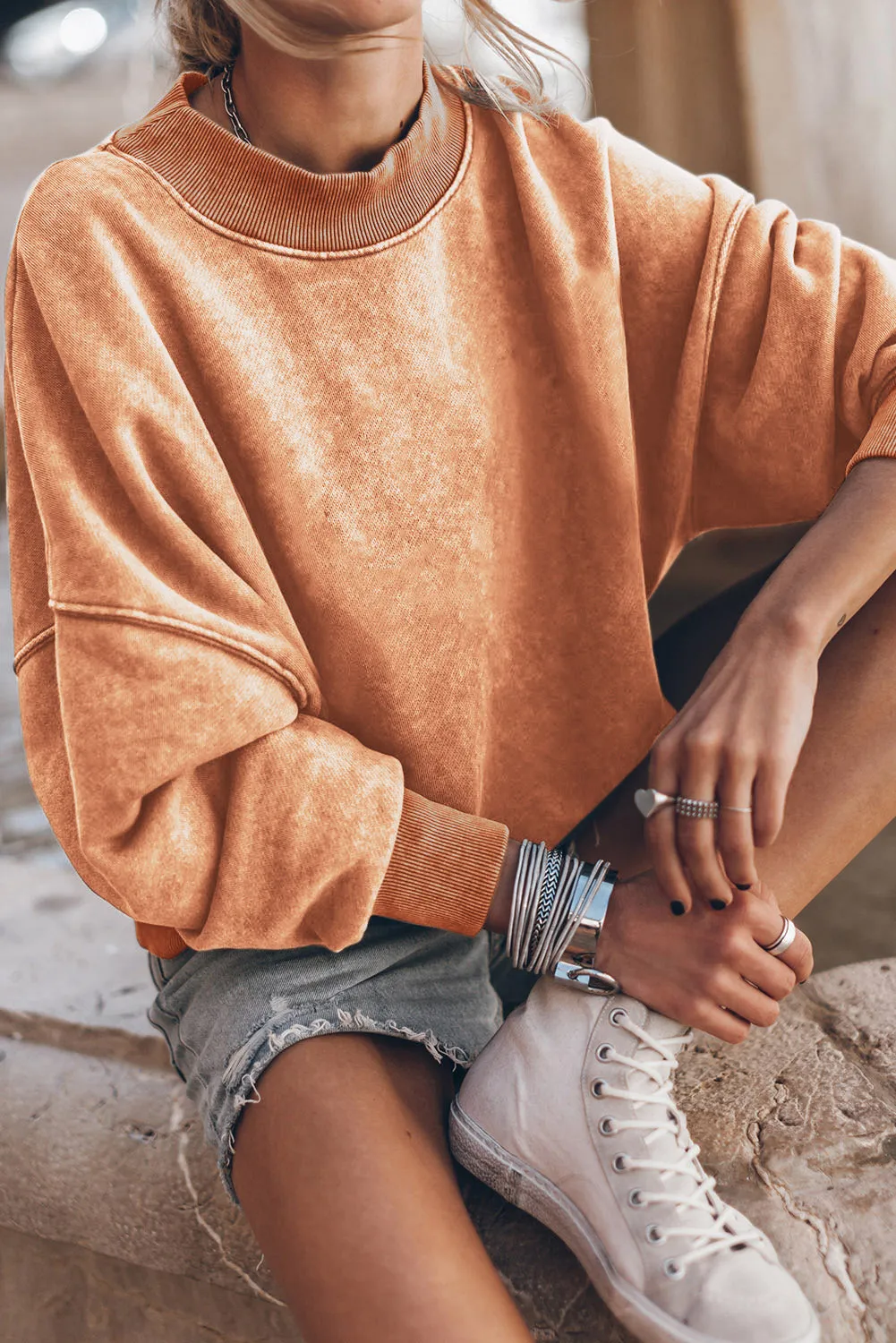 Orange Drop Shoulder Crew Neck Pullover Sweatshirt