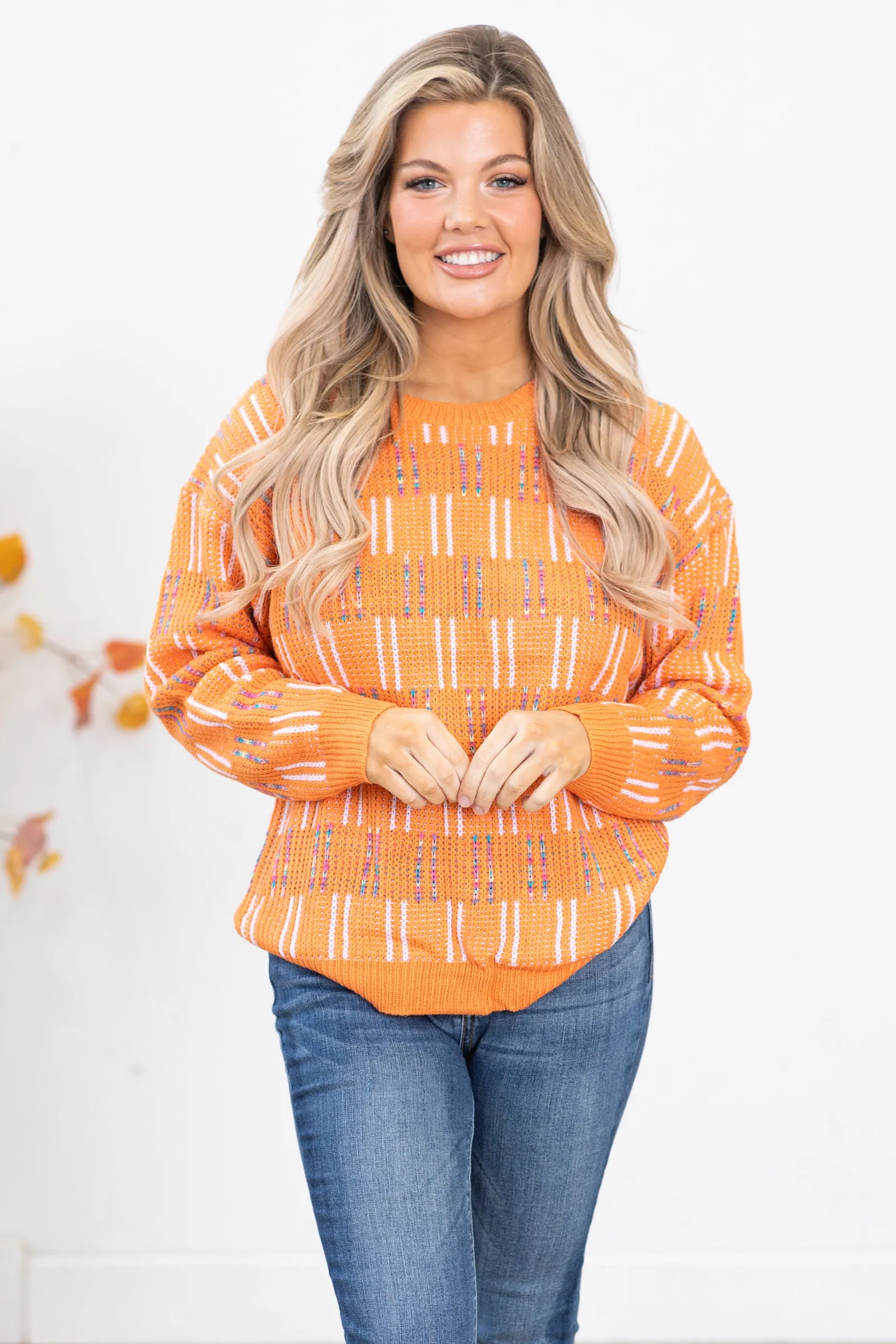 Orange Multicolor Textured Sweater