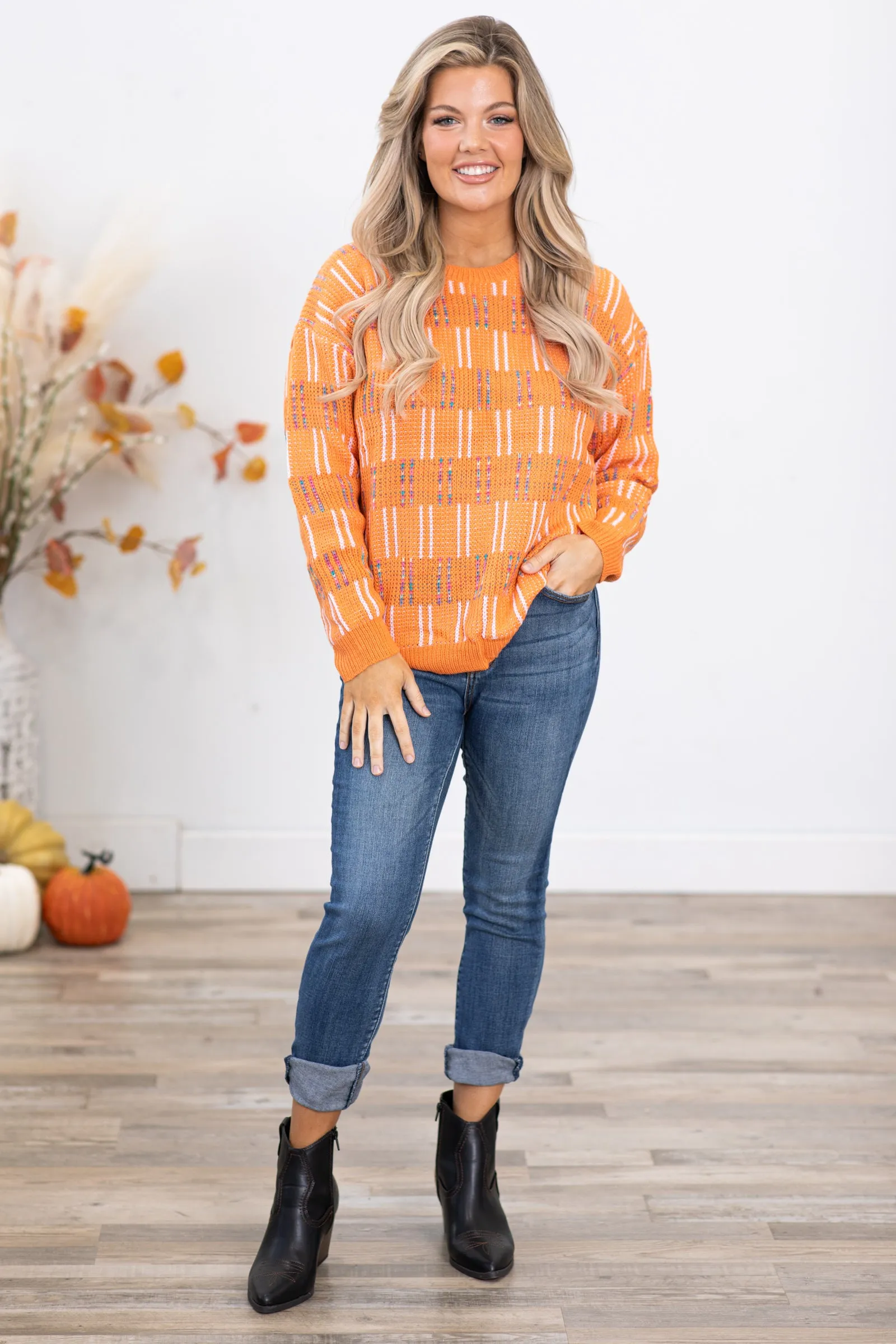 Orange Multicolor Textured Sweater