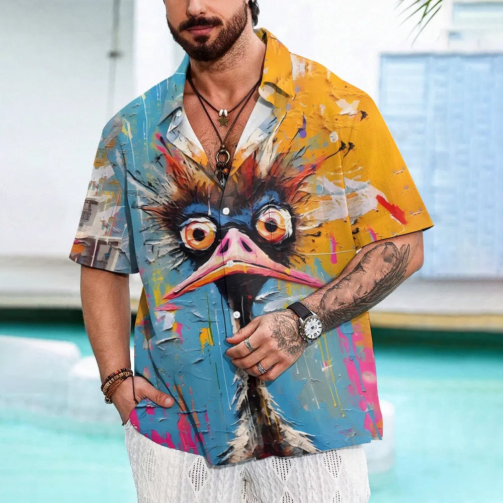 Ostrich Art Print Oversized Short Sleeve Shirt 2406001524