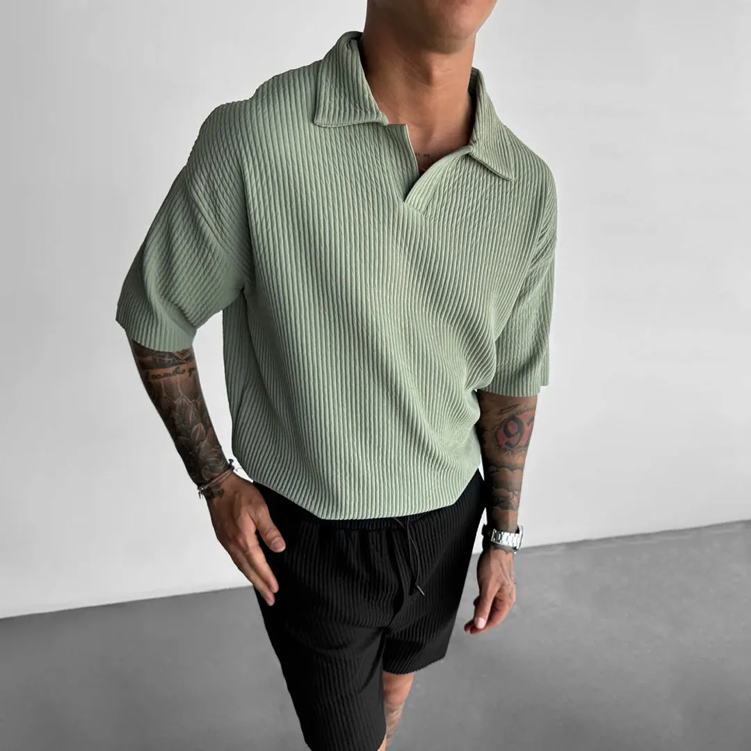 OVERSIZE RIBBED POLO T-SHIRT - TEA GREEN