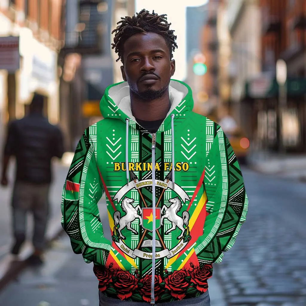 Personalised Afro Burkina Faso Zip Hoodie Coat Of Arms With Rose LT15