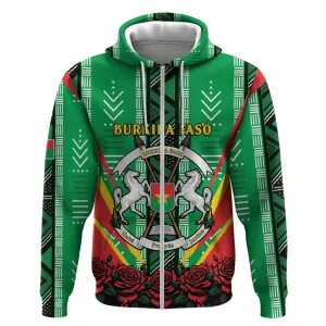 Personalised Afro Burkina Faso Zip Hoodie Coat Of Arms With Rose LT15