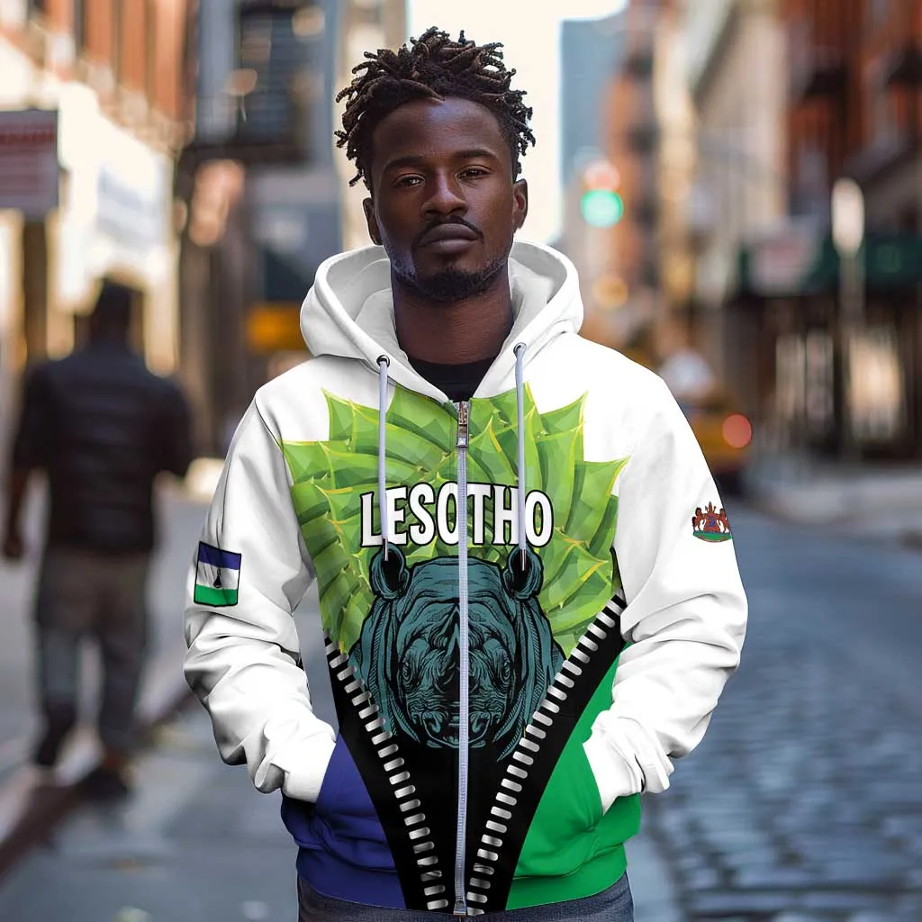 Personalised Afro Lesotho Zip Hoodie Black Rhinoceros Aloe Polyphylla LT15