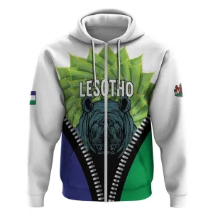 Personalised Afro Lesotho Zip Hoodie Black Rhinoceros Aloe Polyphylla LT15