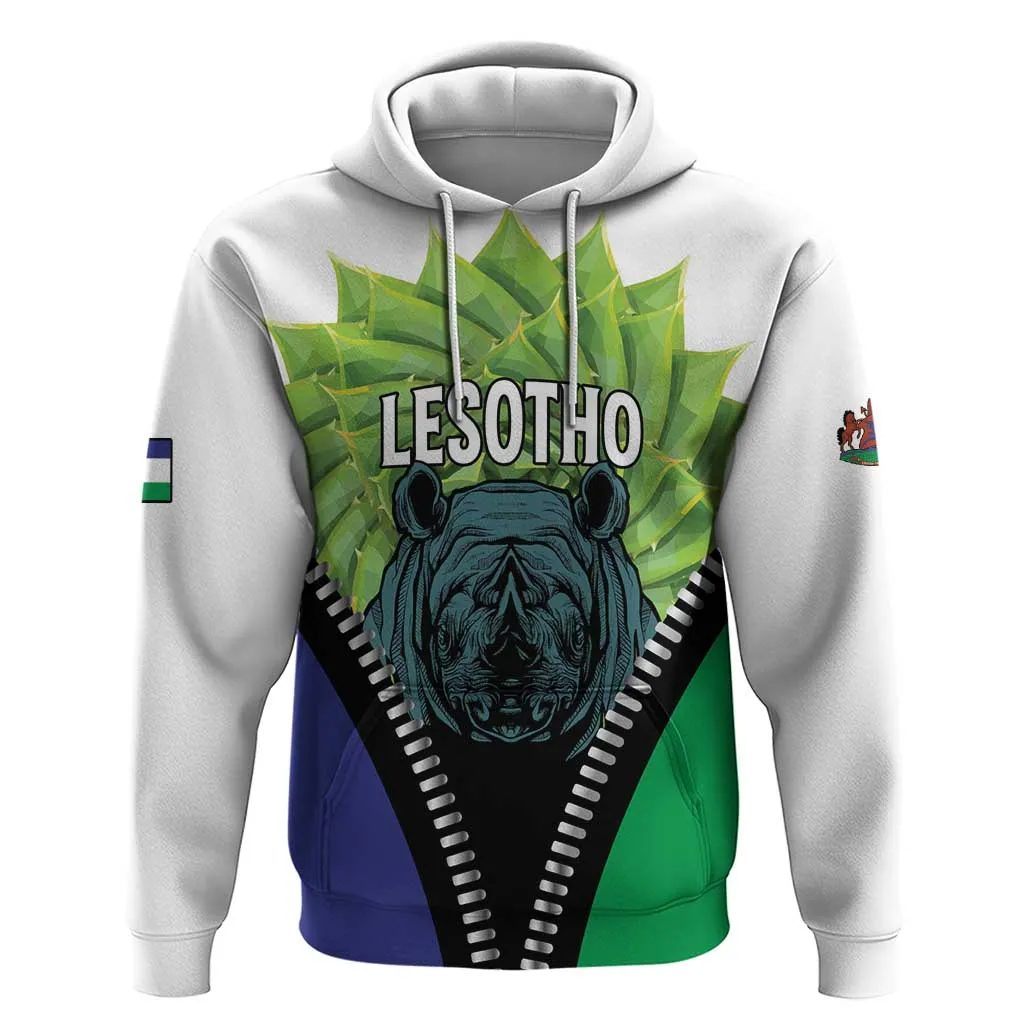 Personalised Afro Lesotho Zip Hoodie Black Rhinoceros Aloe Polyphylla LT15