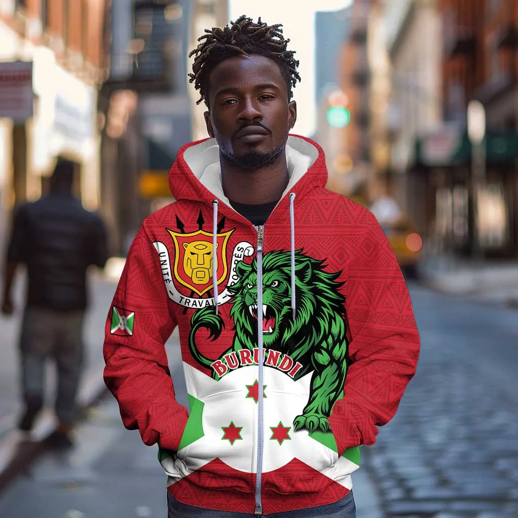 Personalized Jamhuri ya Burundi Zip Hoodie Lion With Coat Of Arms - Flag Style LT15