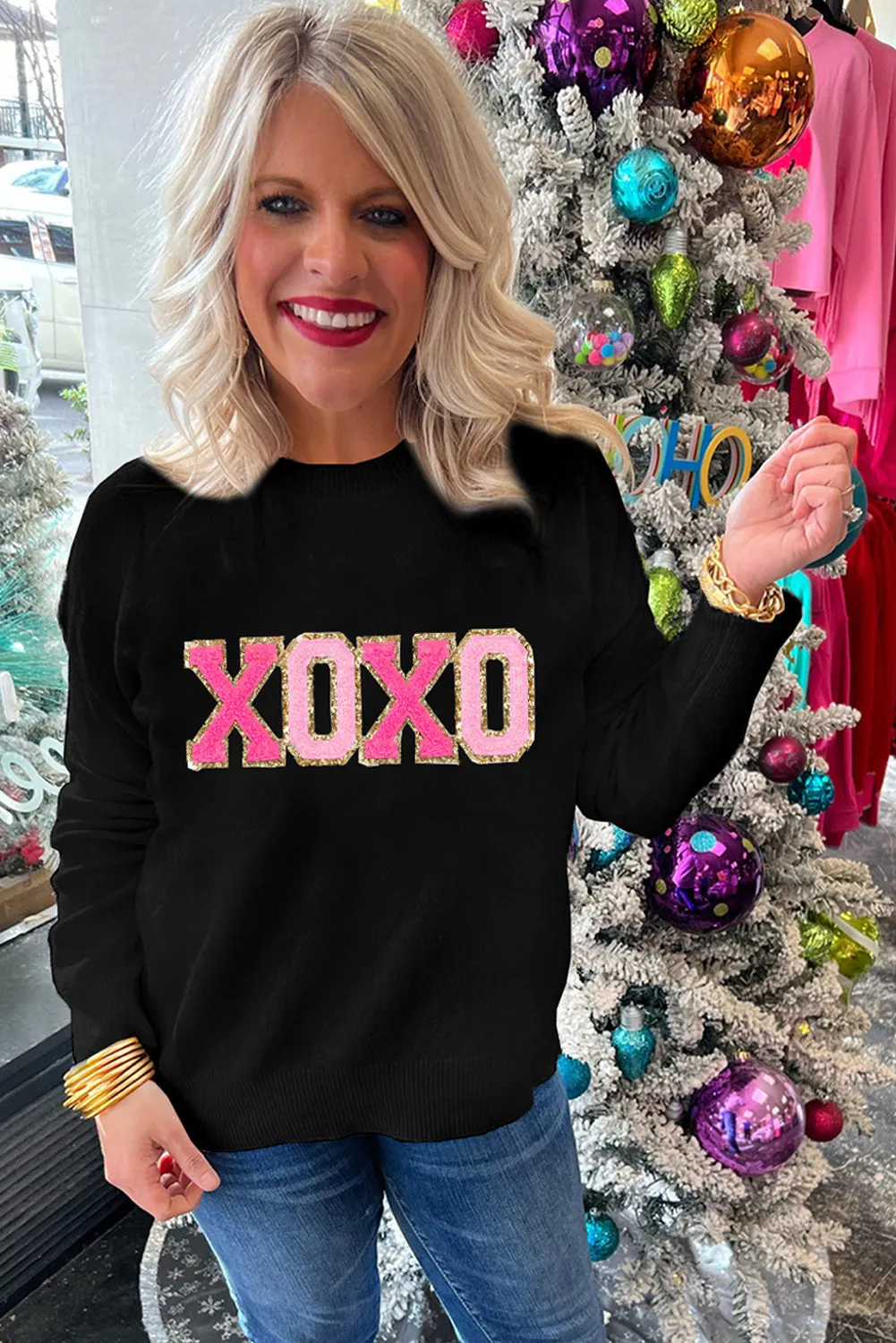 Pink and Black Love and Kisses Round Neck Sweater