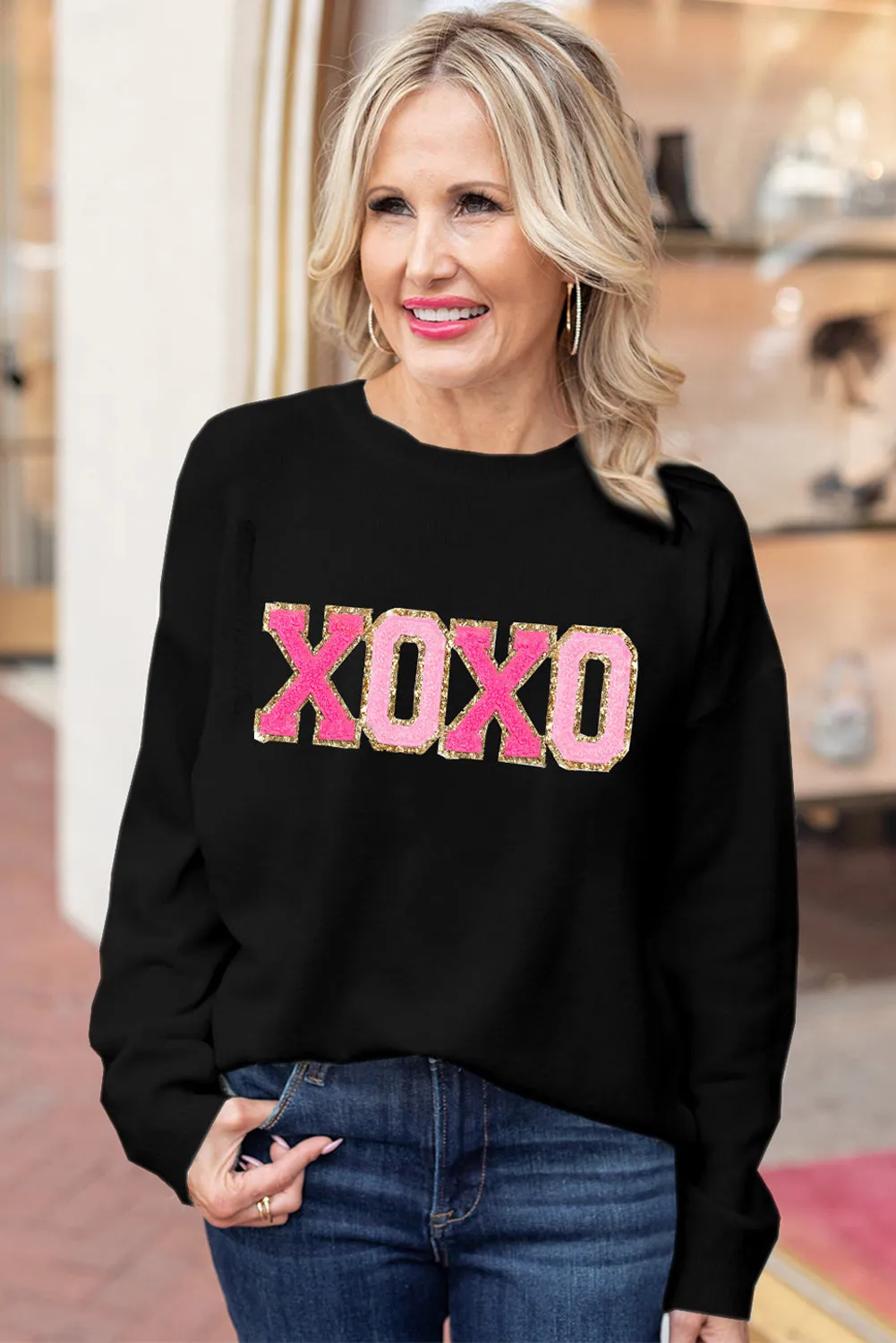 Pink and Black Love and Kisses Round Neck Sweater
