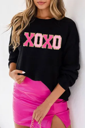 Pink and Black Love and Kisses Round Neck Sweater
