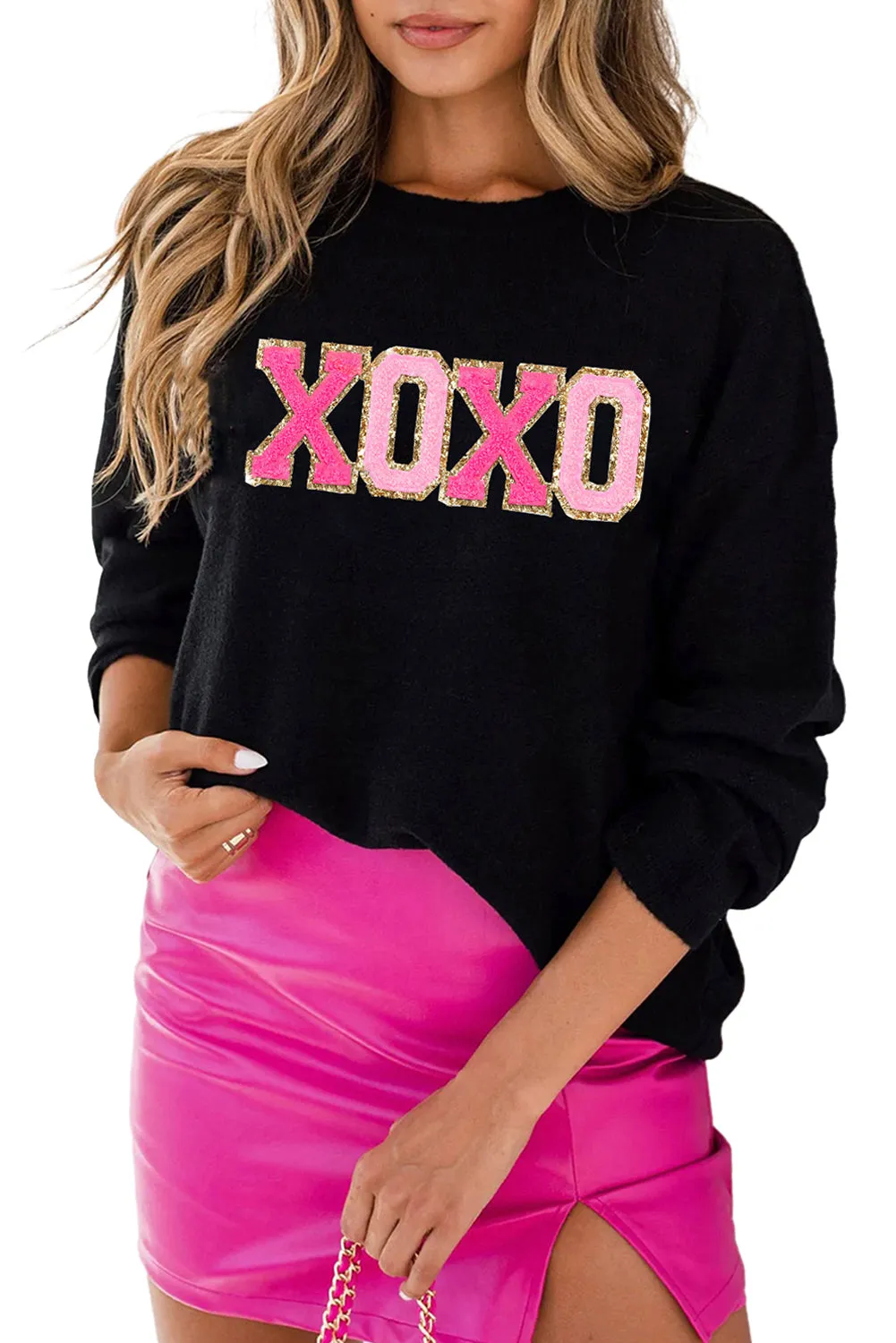 Pink and Black Love and Kisses Round Neck Sweater