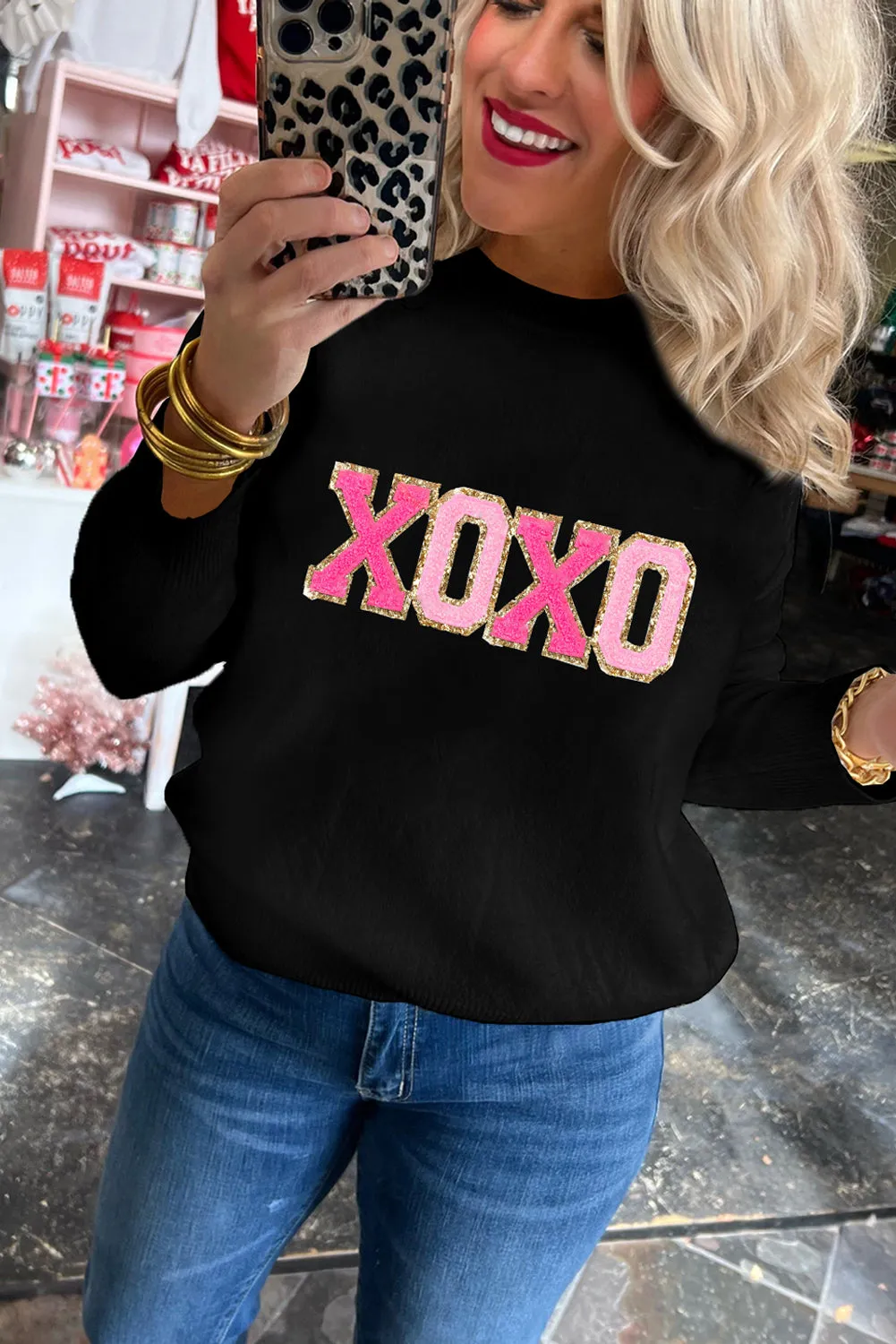 Pink and Black Love and Kisses Round Neck Sweater