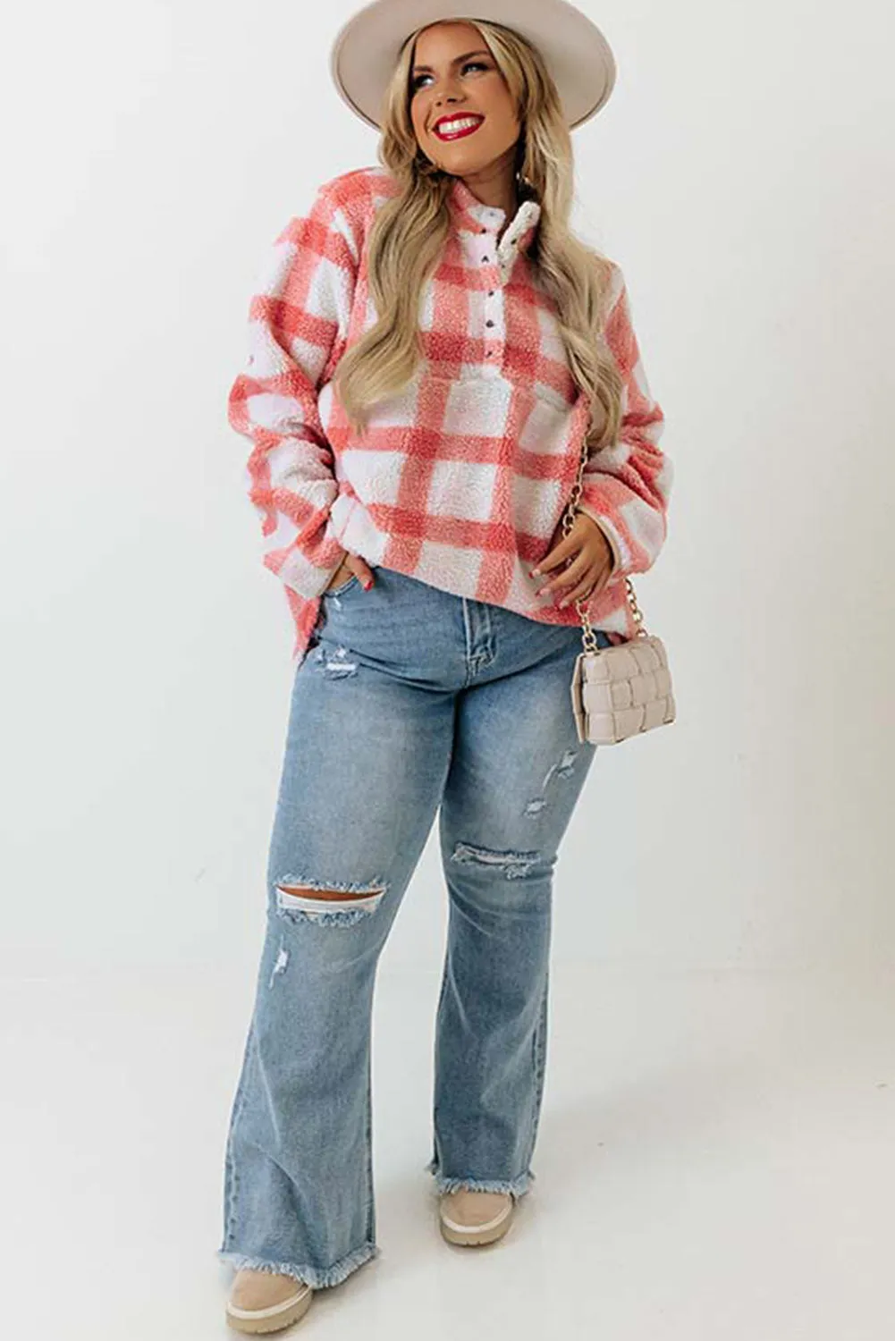 Pink Plus Size Tunic Plaid Sherpa Henley Sweatshirt