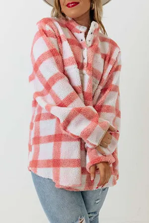 Pink Plus Size Tunic Plaid Sherpa Henley Sweatshirt