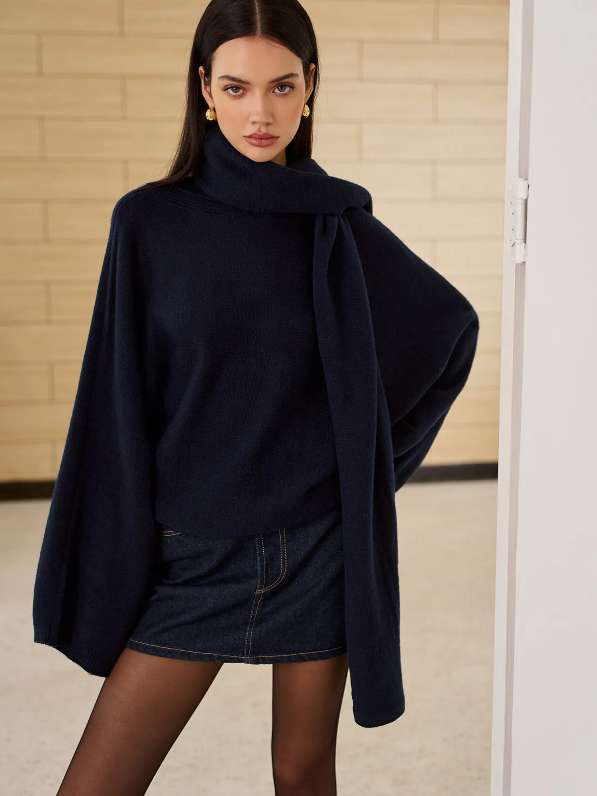 Plain Sweater With Scarf