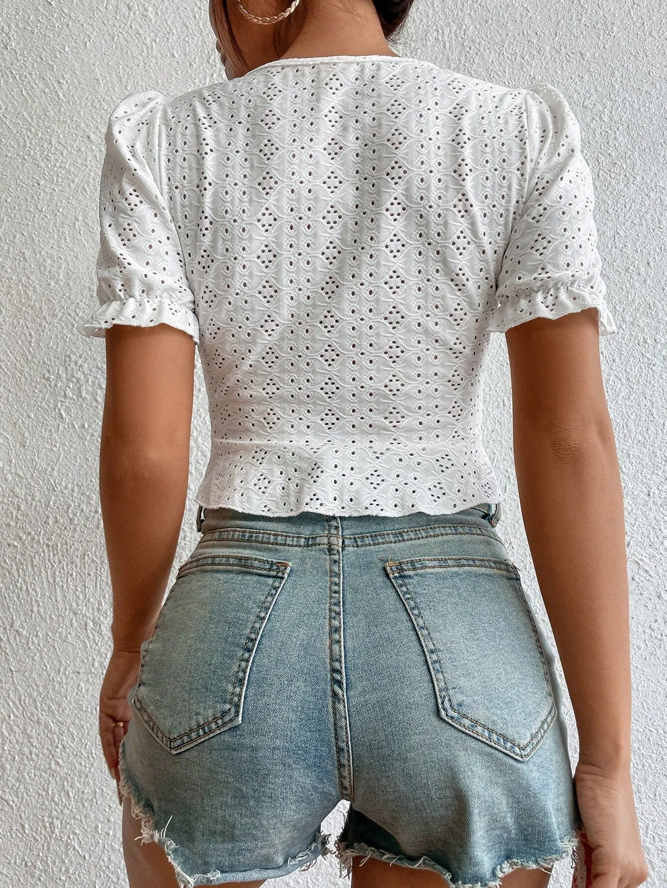Playful V-Neck Lace-Up Embroidered Crop Top with Puff Sleeves