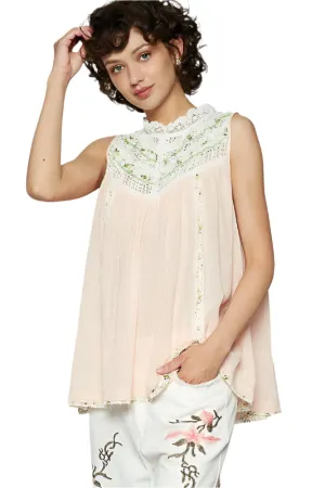 POL Lace Detail Floral Sleeveless Rayon Gauze Top