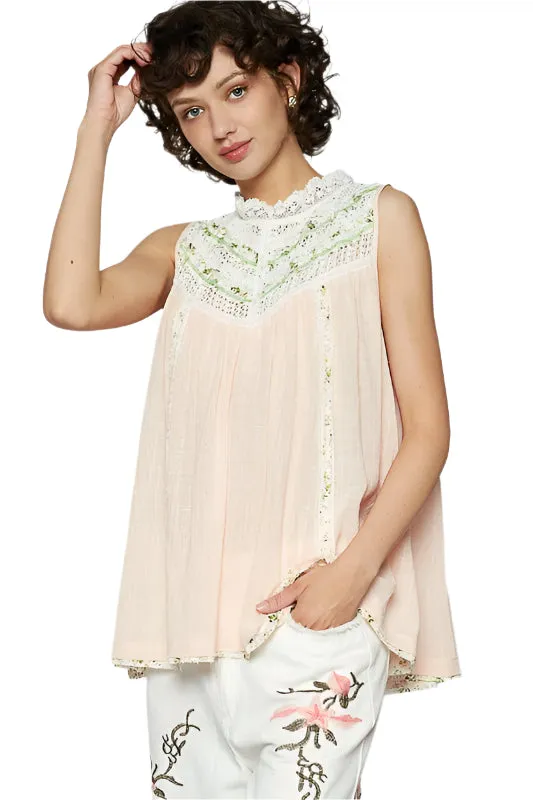 POL Lace Detail Floral Sleeveless Rayon Gauze Top