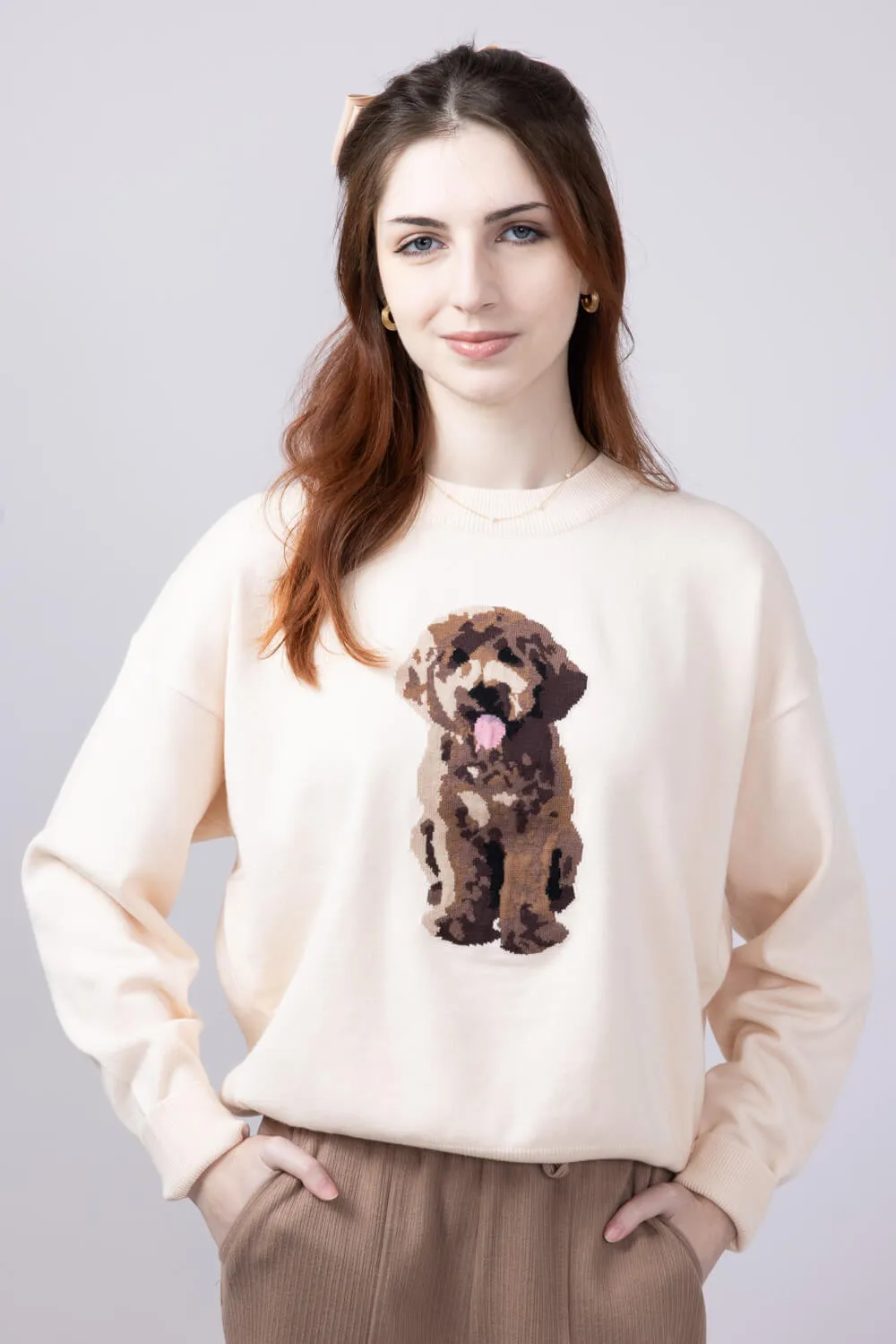 Puppy Graphic Sweater for Women in Cream | IWT5233-CREAM