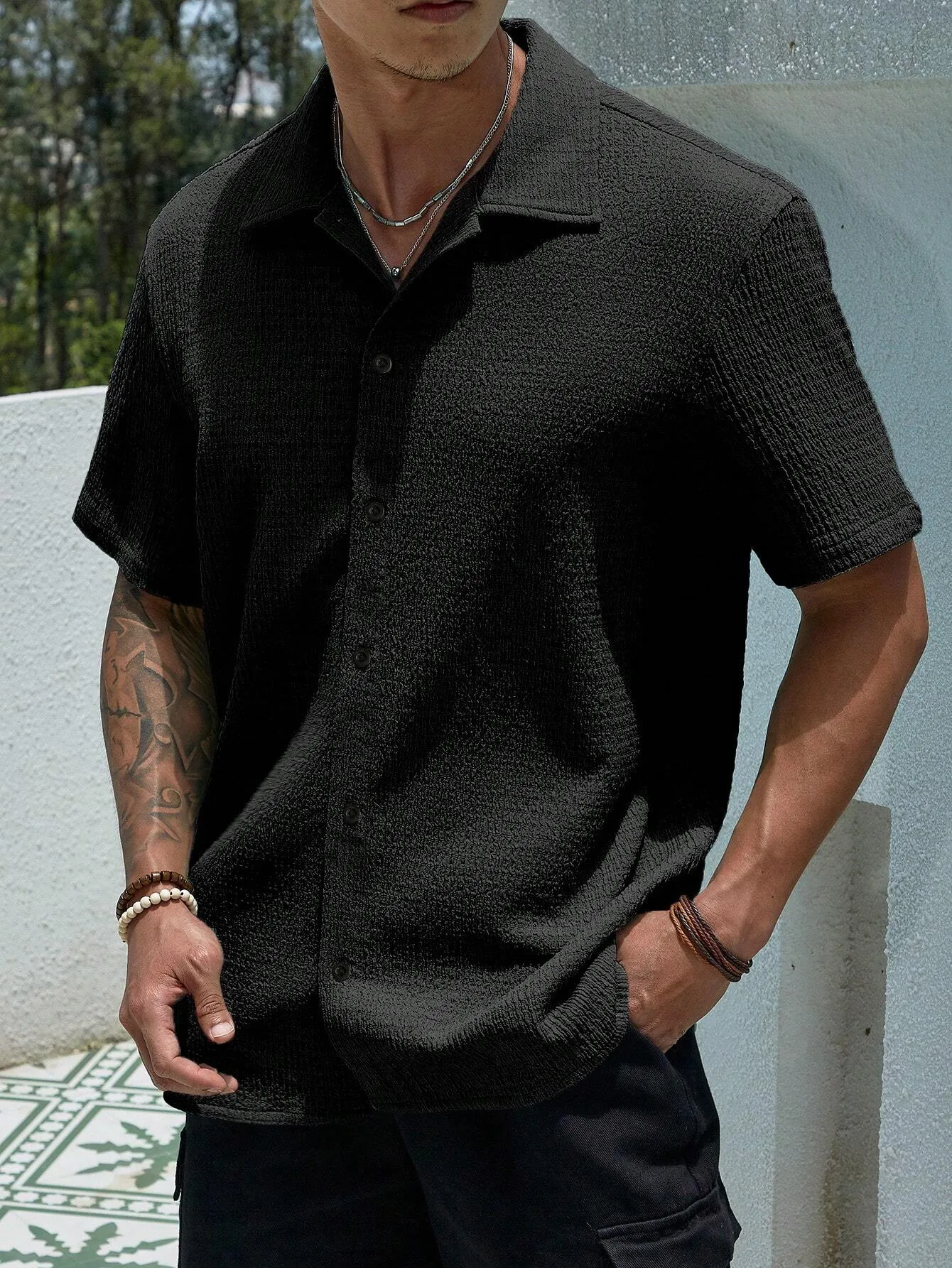 QA Hypemode Men's Solid Color Textured Short Sleeve Shirt