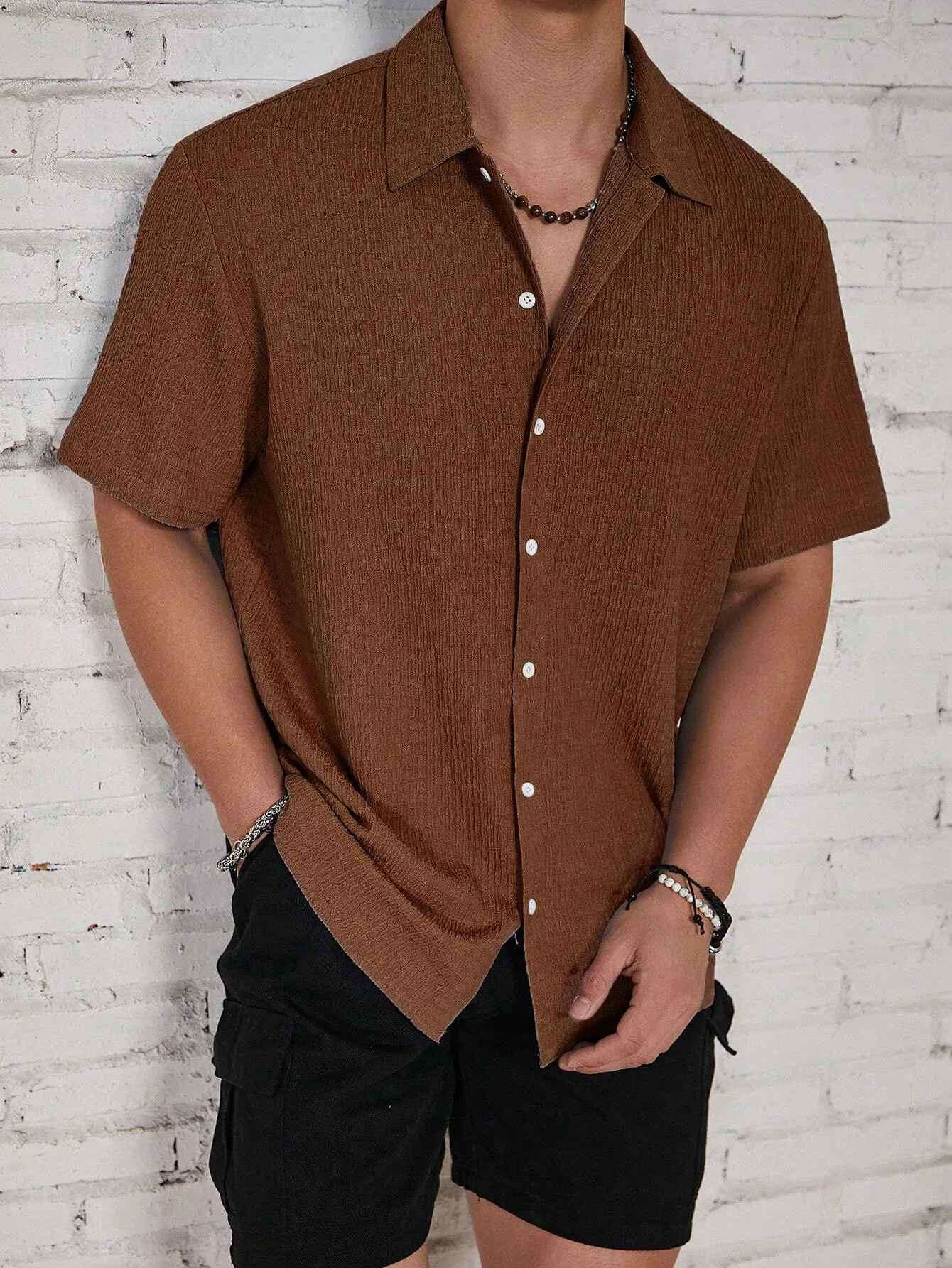 QA Hypemode Men's Solid Color Textured Short Sleeve Shirt