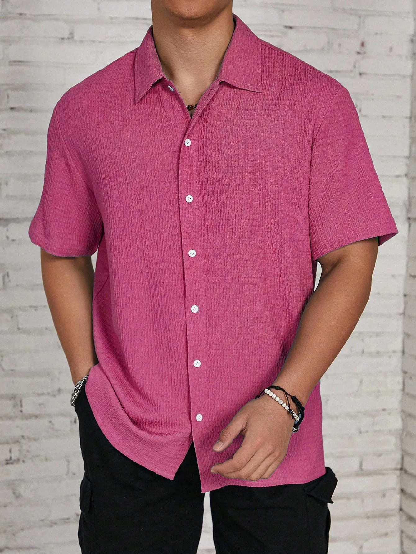 QA Hypemode Men's Solid Color Textured Short Sleeve Shirt