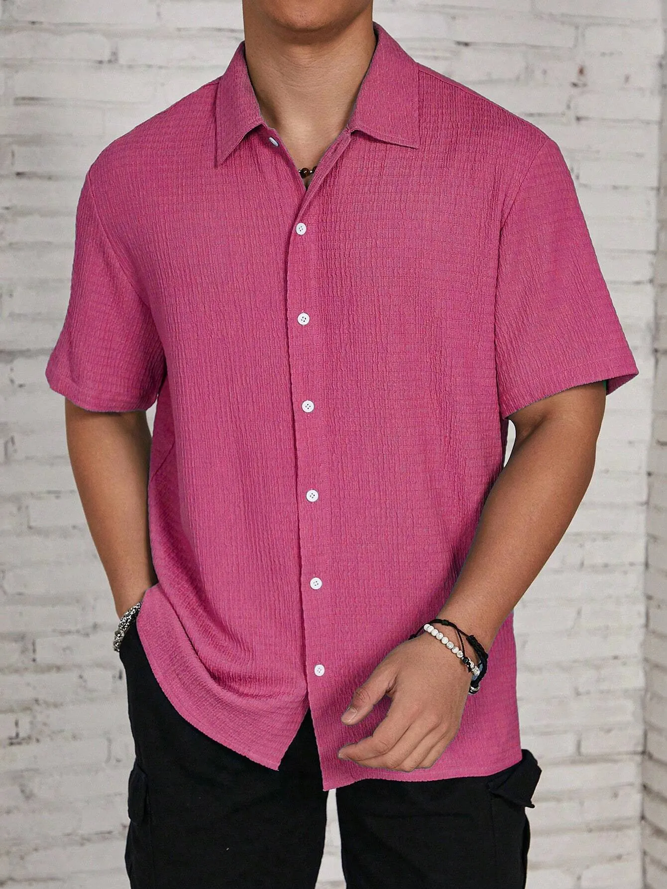 QA Hypemode Men's Solid Color Textured Short Sleeve Shirt