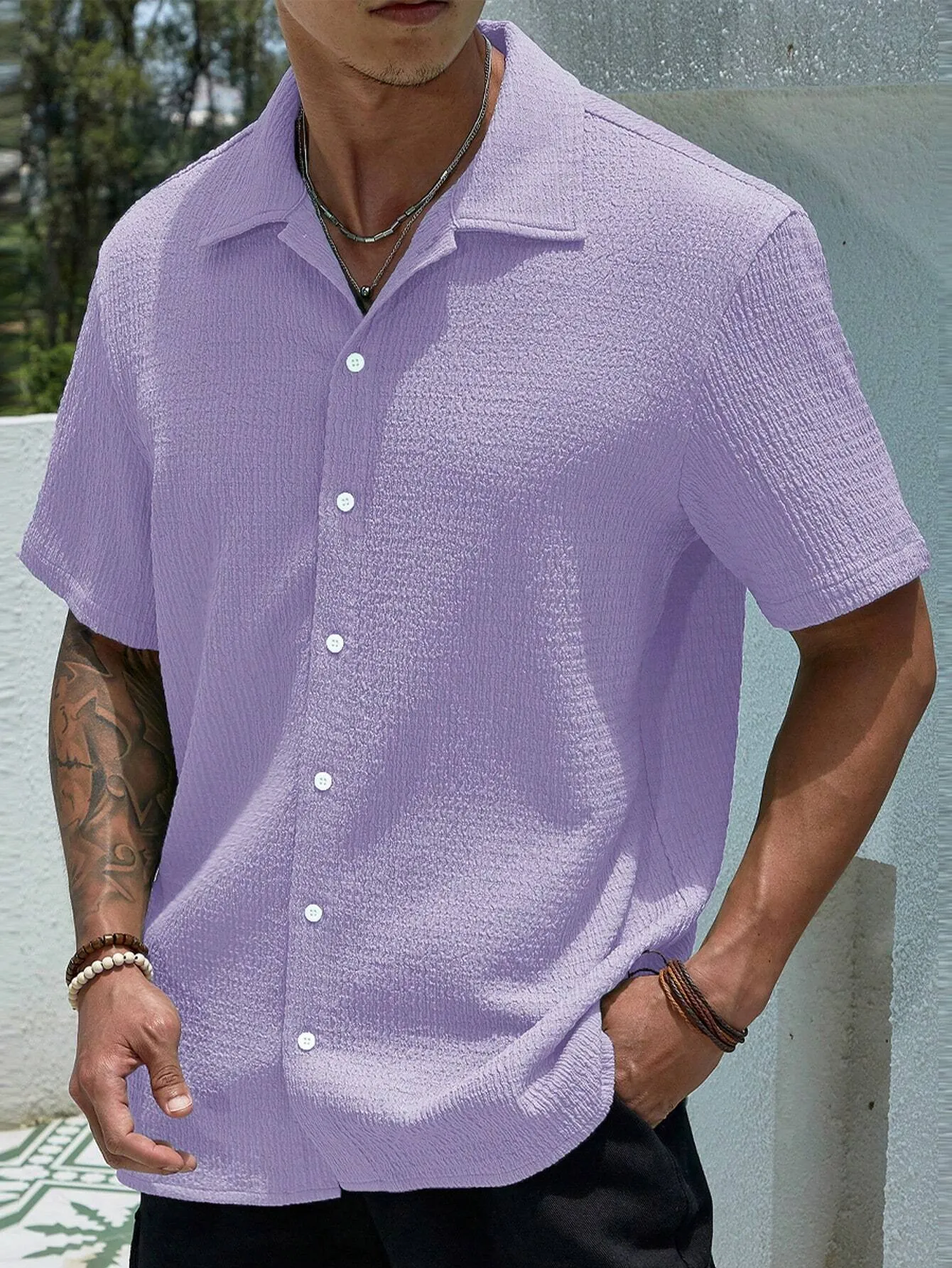 QA Hypemode Men's Solid Color Textured Short Sleeve Shirt