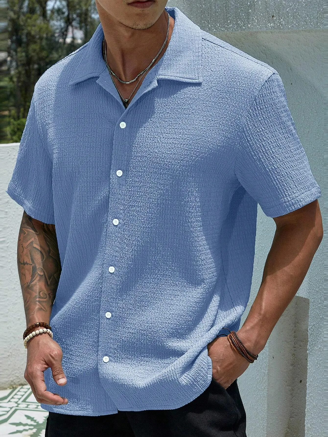 QA Hypemode Men's Solid Color Textured Short Sleeve Shirt
