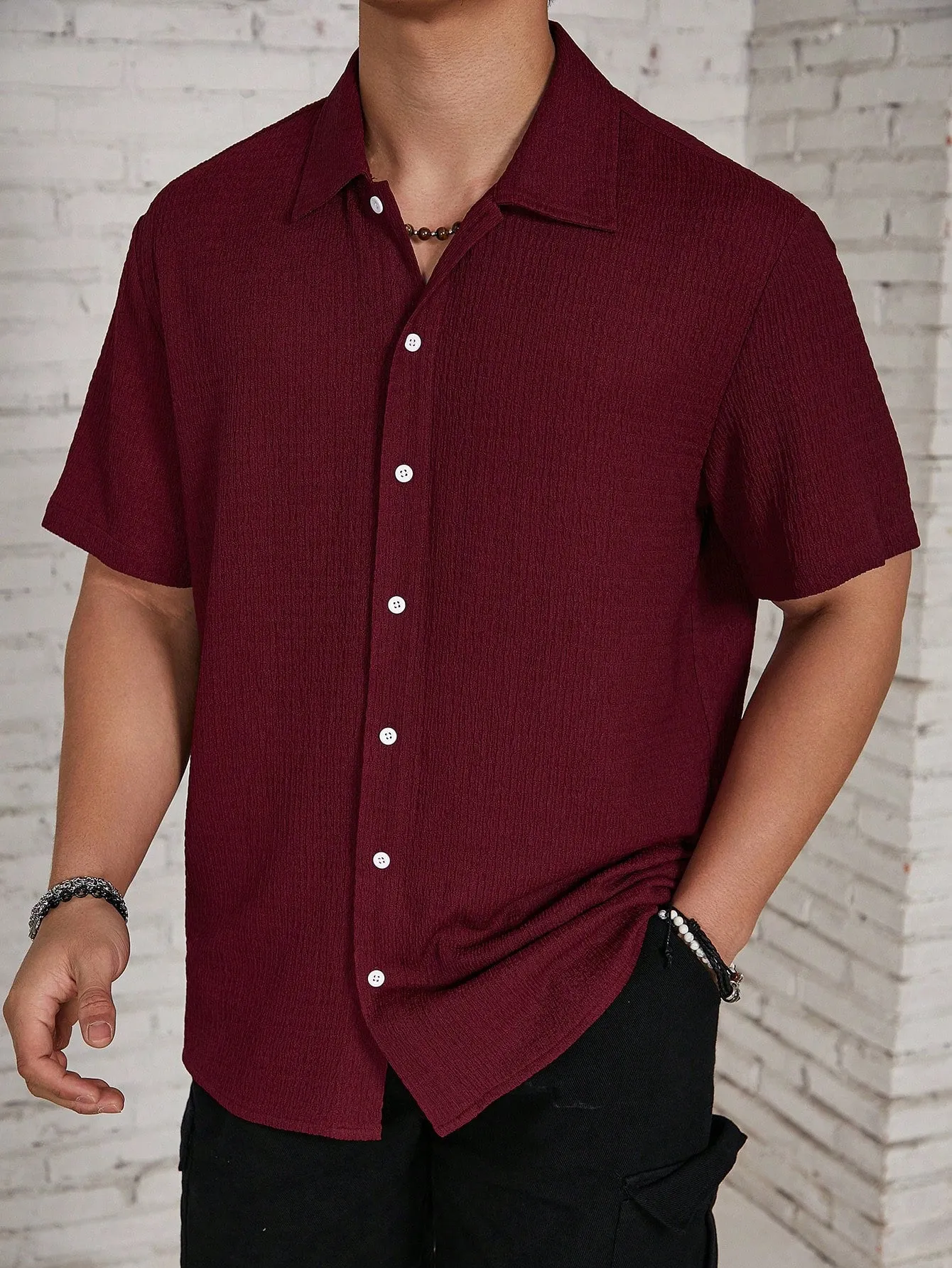 QA Hypemode Men's Solid Color Textured Short Sleeve Shirt
