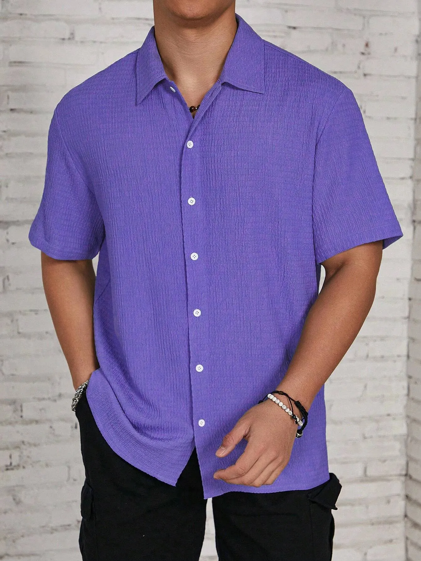 QA Hypemode Men's Solid Color Textured Short Sleeve Shirt