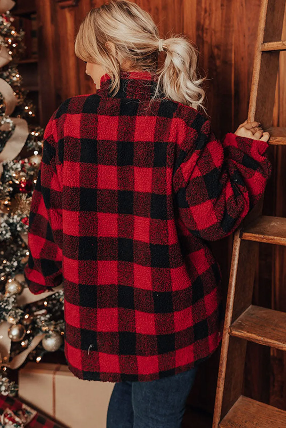 Red Plus Size Buffalo Plaid Sherpa Henley Sweatshirt
