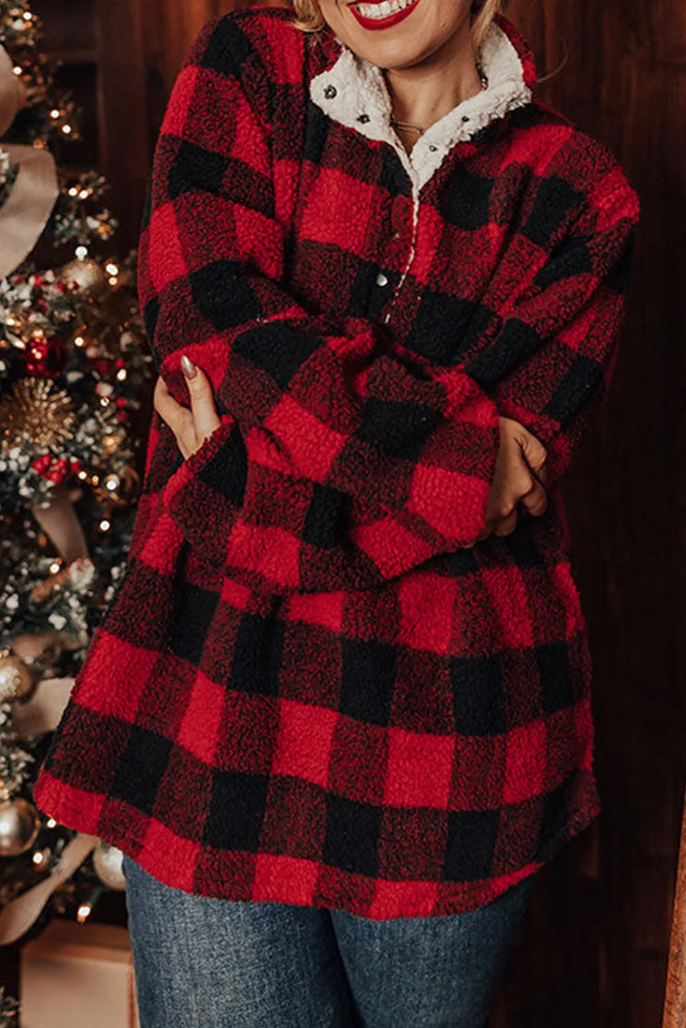 Red Plus Size Buffalo Plaid Sherpa Henley Sweatshirt