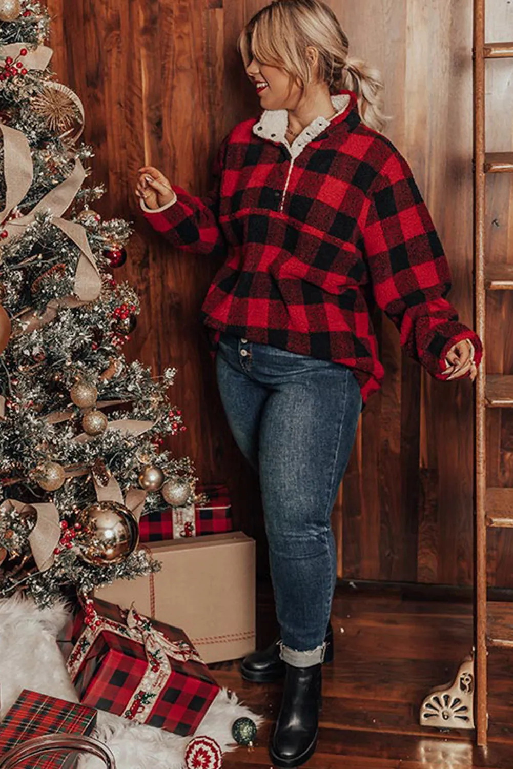 Red Plus Size Buffalo Plaid Sherpa Henley Sweatshirt