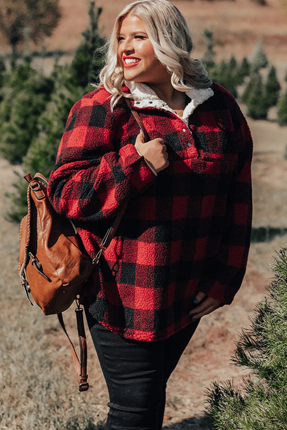 Red Plus Size Buffalo Plaid Sherpa Henley Sweatshirt