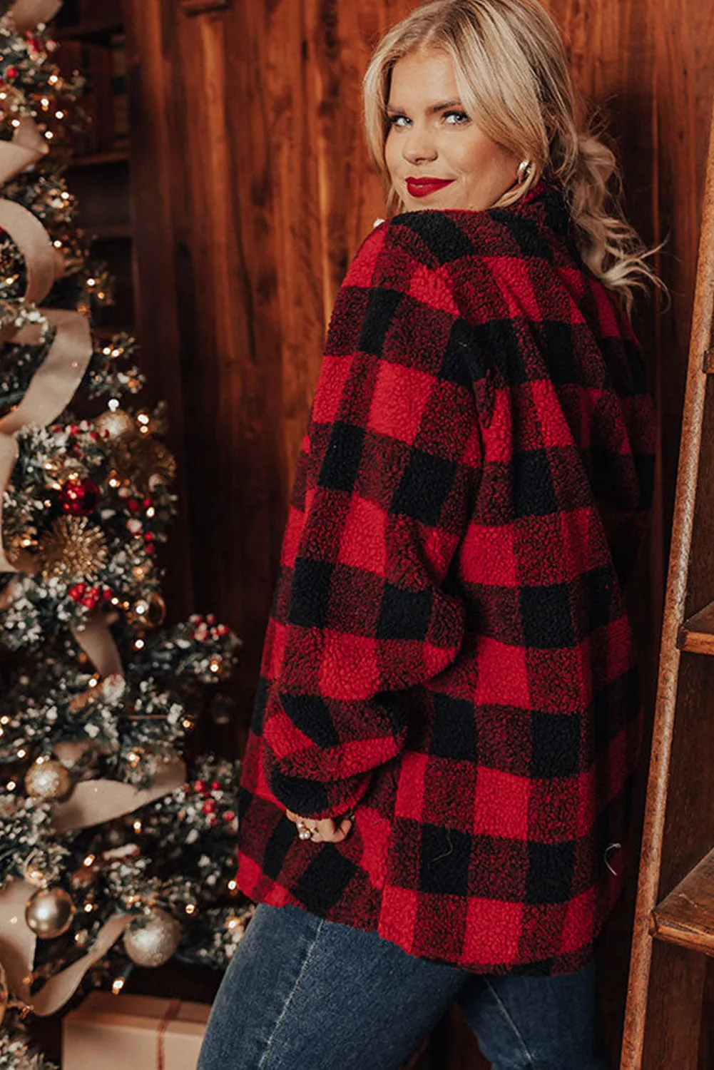 Red Plus Size Buffalo Plaid Sherpa Henley Sweatshirt