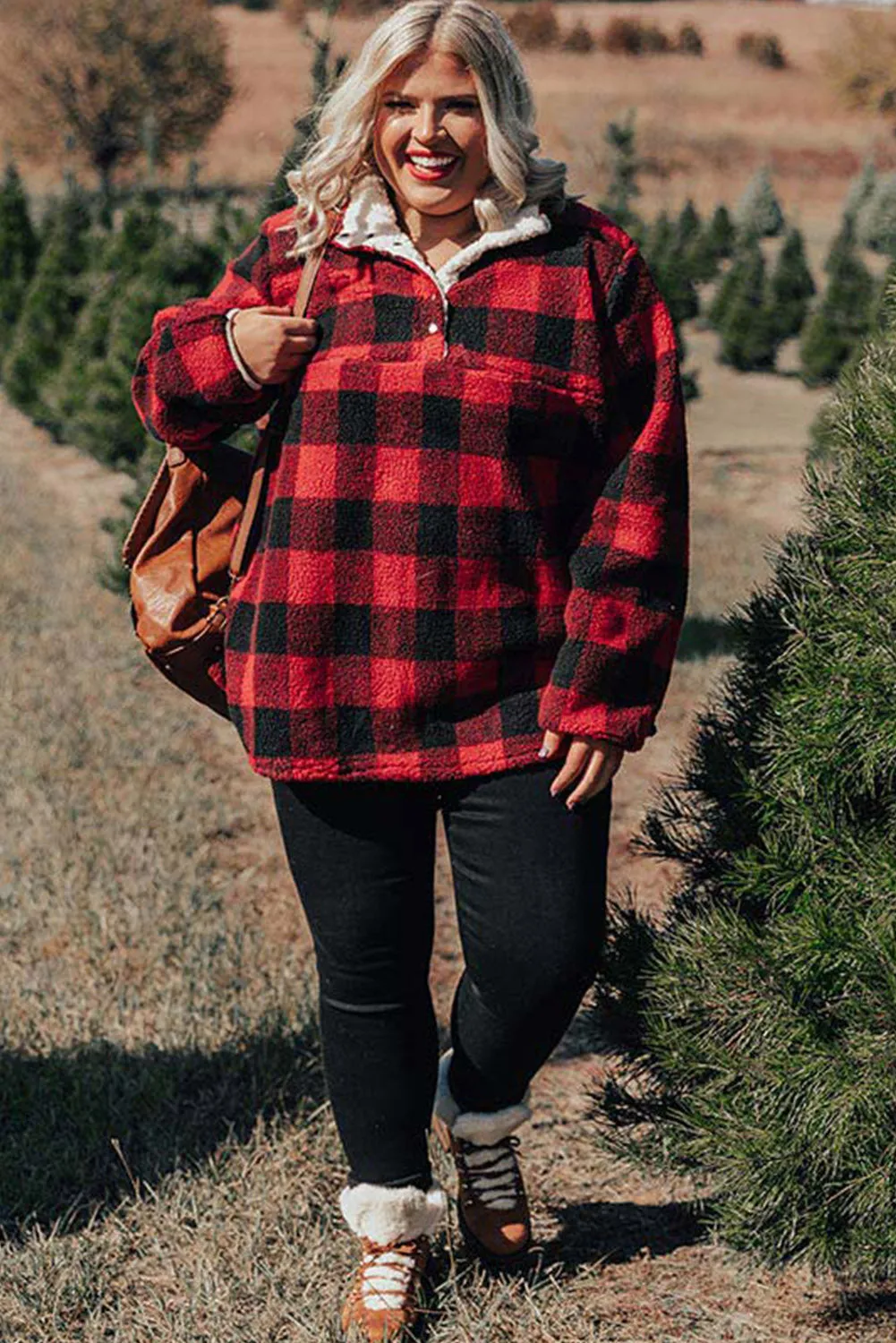 Red Plus Size Buffalo Plaid Sherpa Henley Sweatshirt