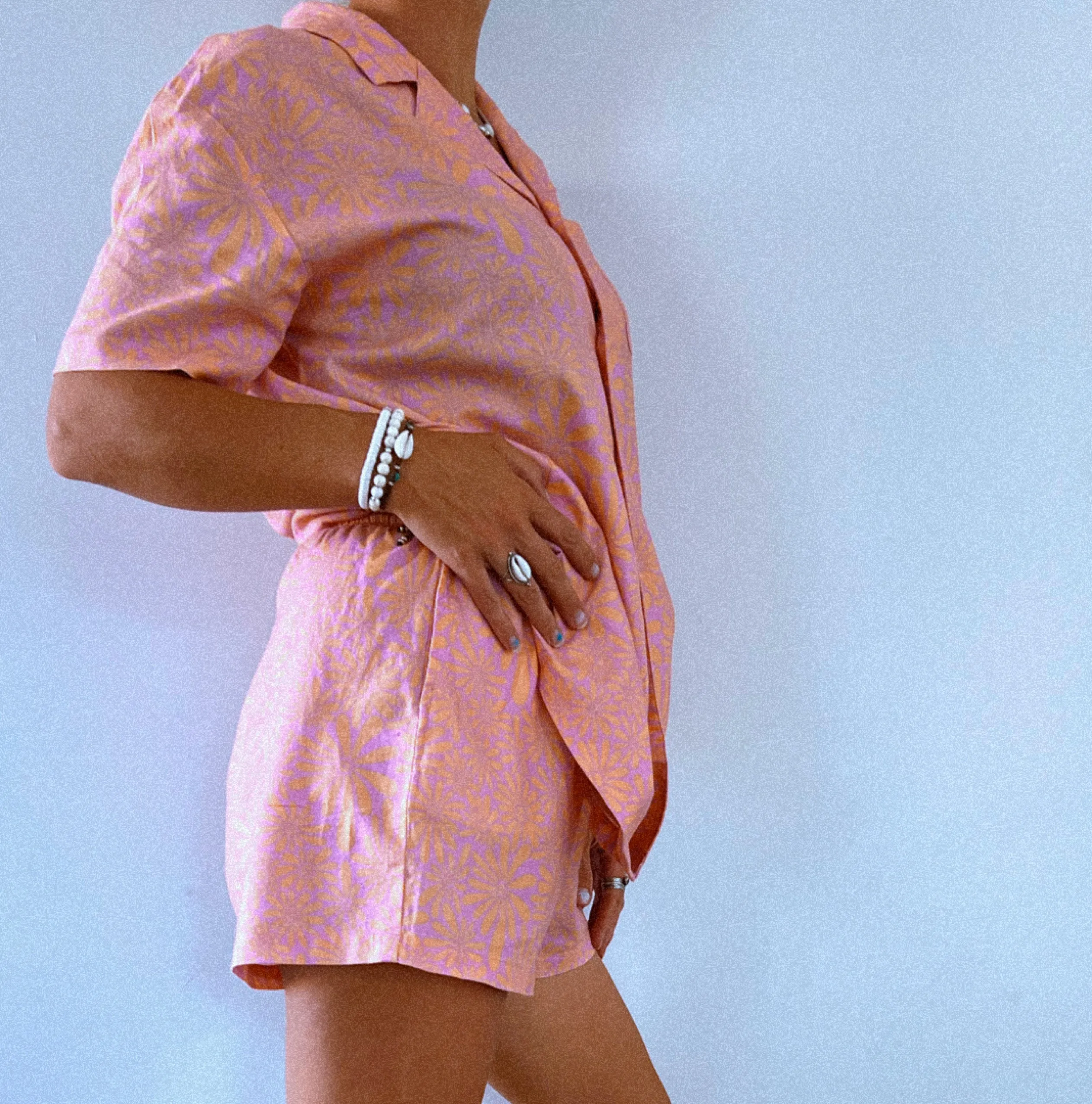 Retro floral woven hemp relaxed short - Ladies