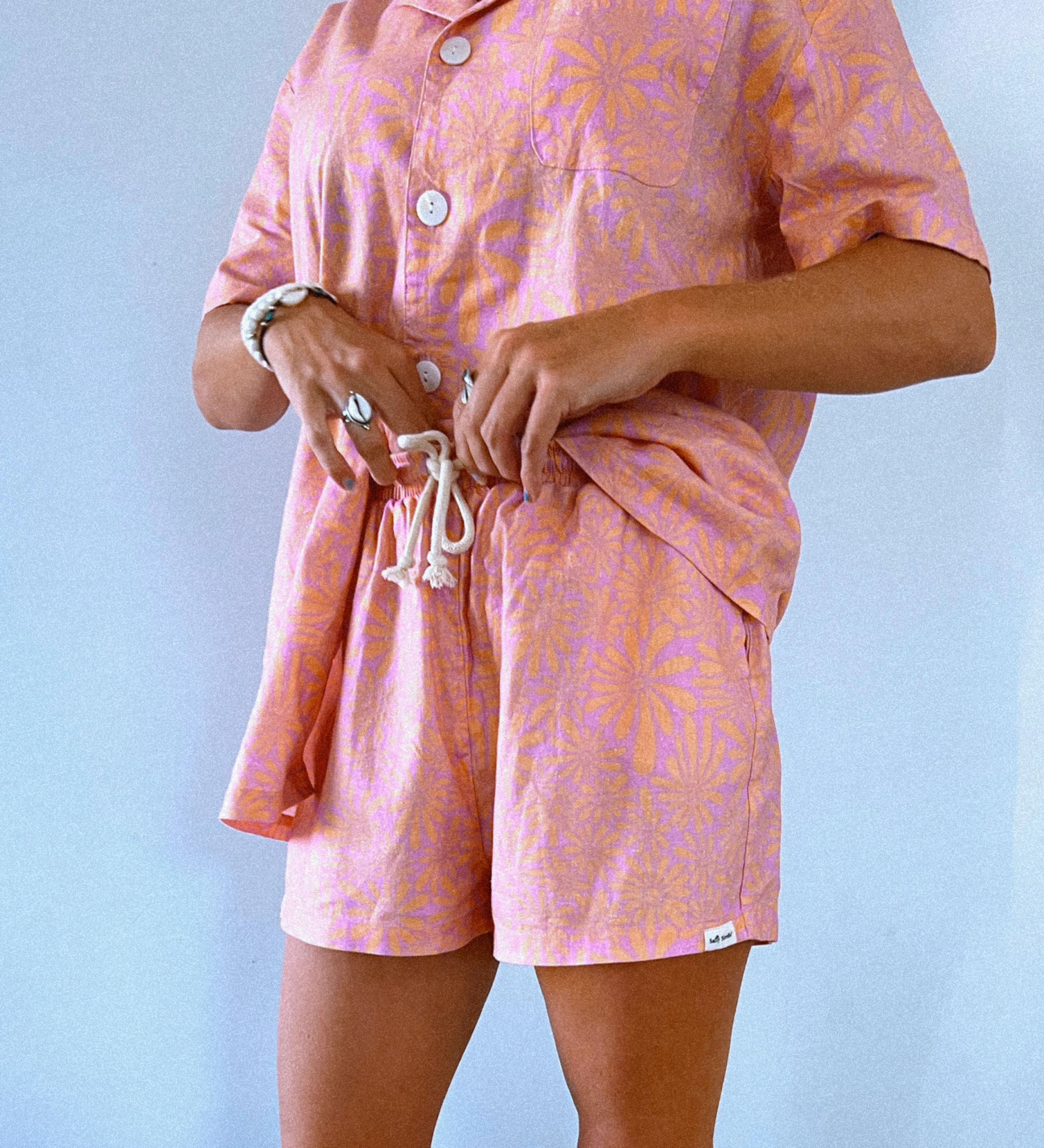 Retro floral woven hemp relaxed short - Ladies