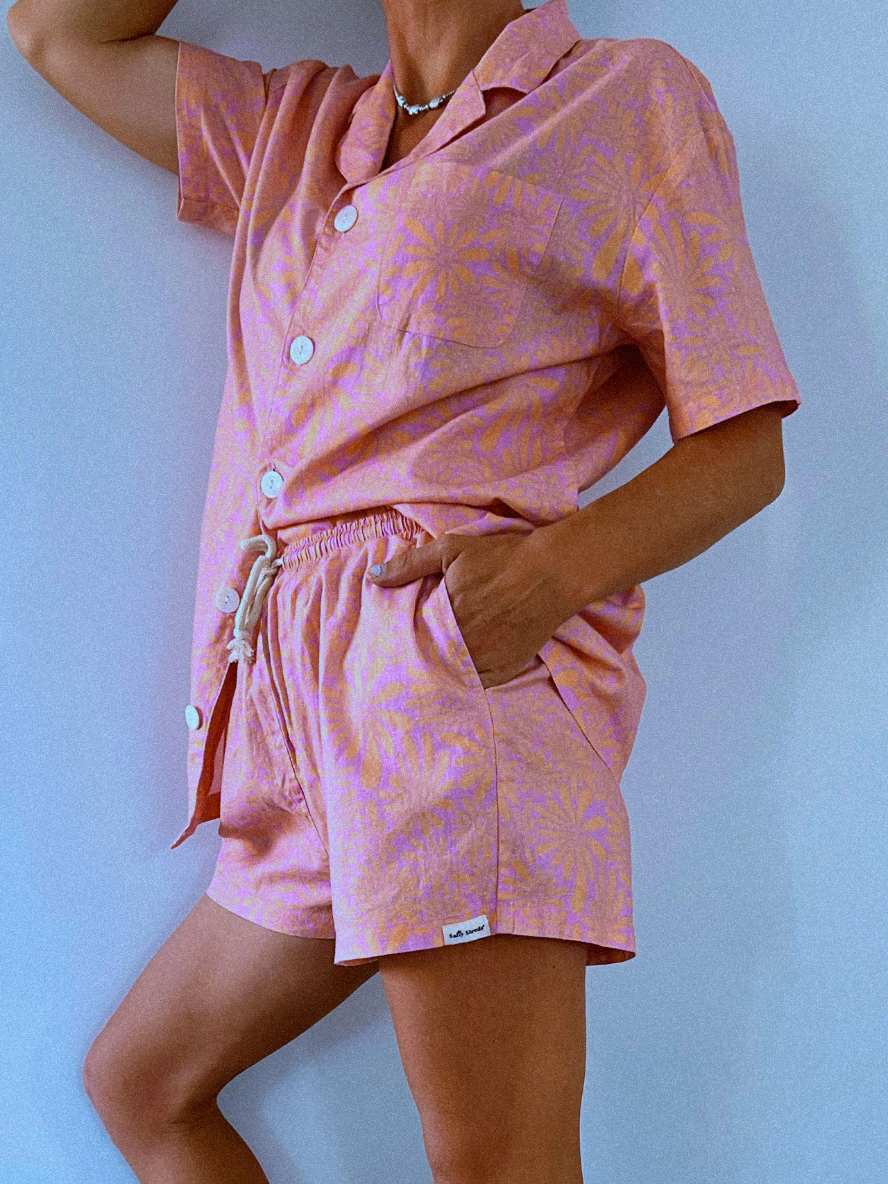 Retro floral woven hemp relaxed short - Ladies