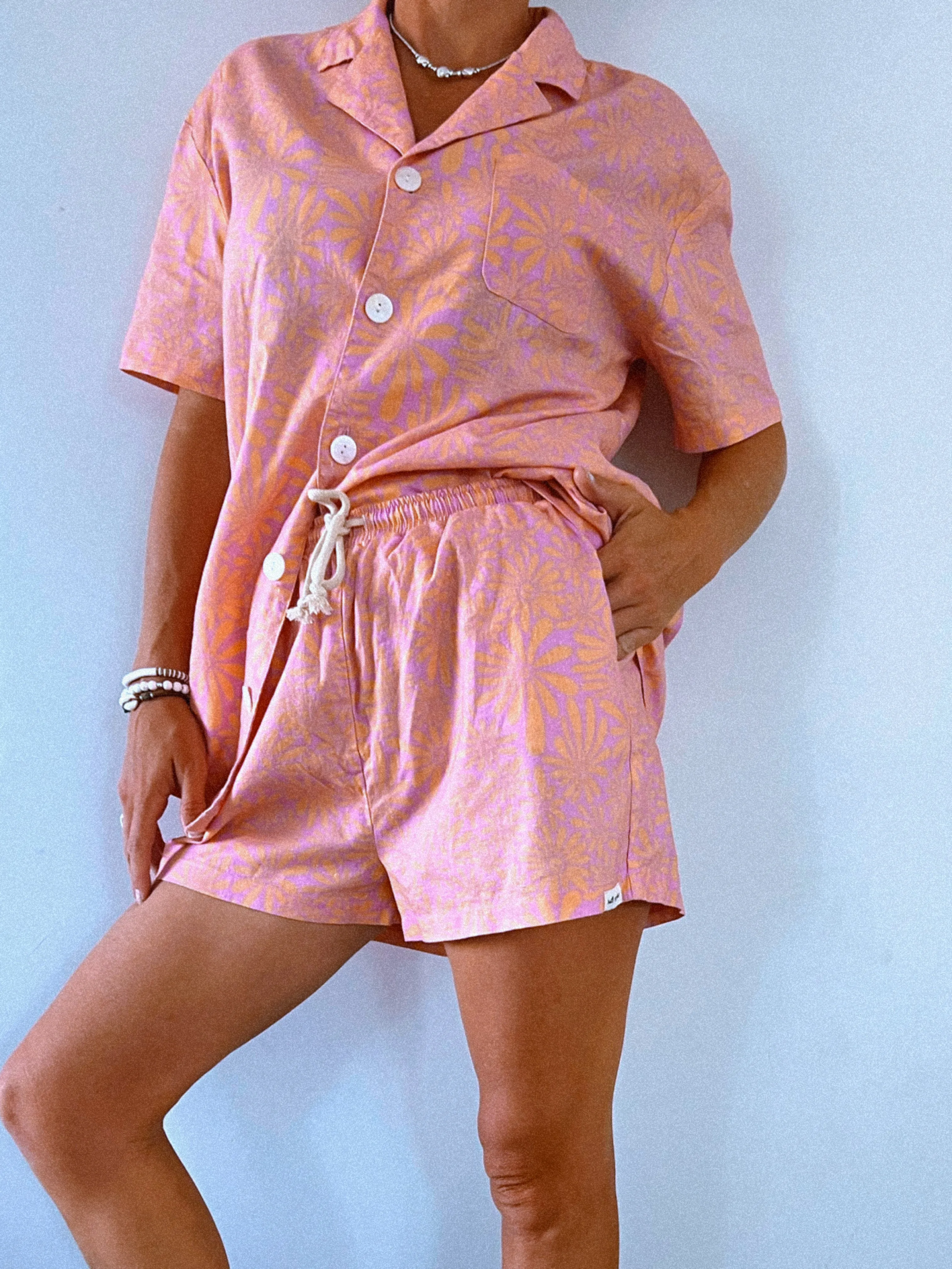 Retro floral woven hemp relaxed short - Ladies