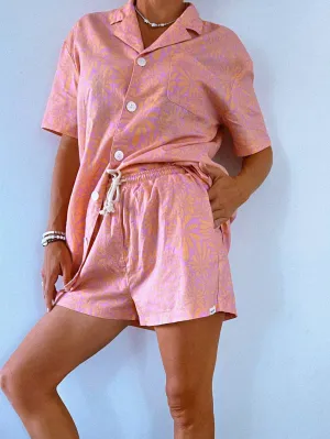 Retro floral woven hemp relaxed short - Ladies