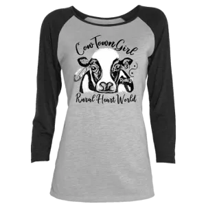 Rural Heart by Rene' Earnhardt - Cow town Ladies 3/4 Raglan T-Shirt